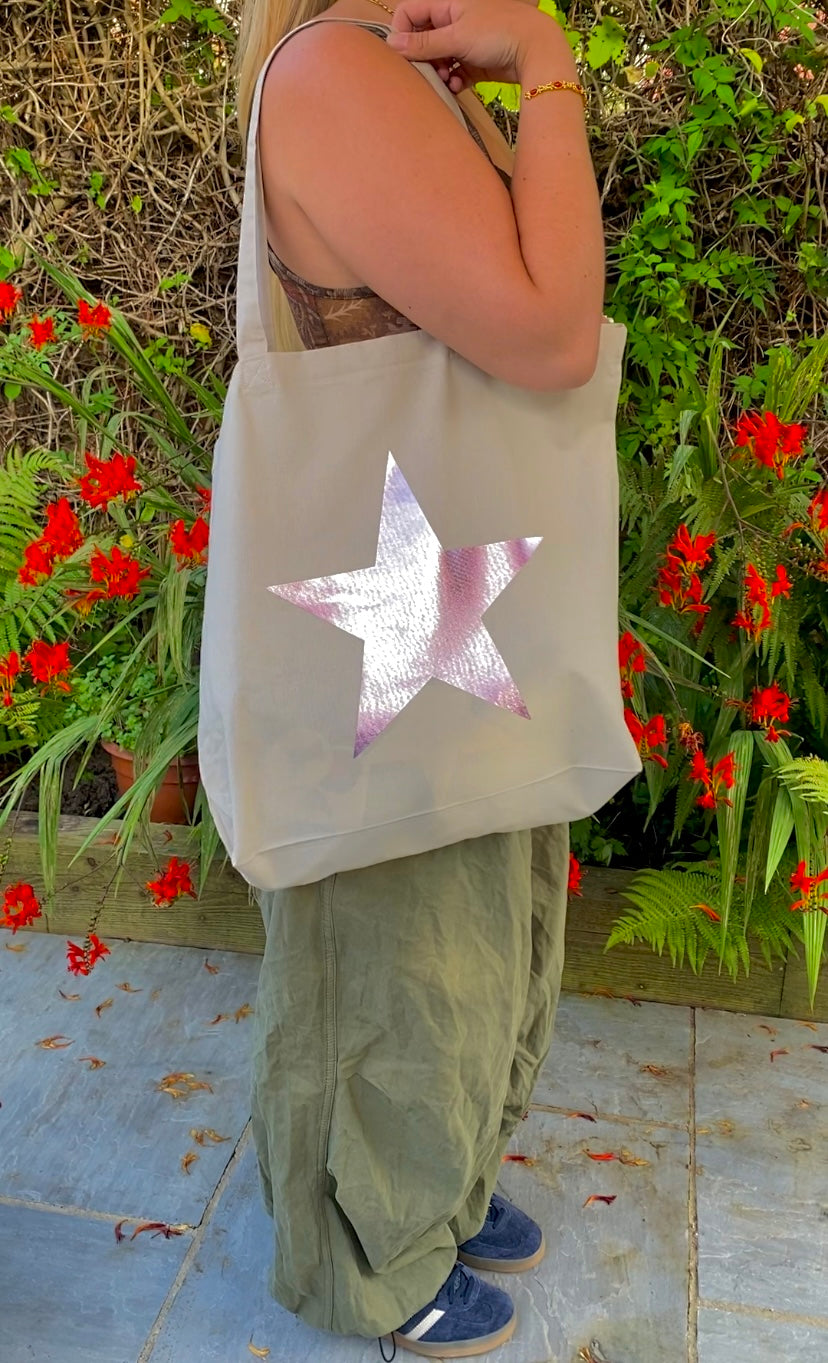 pink star print tote bag