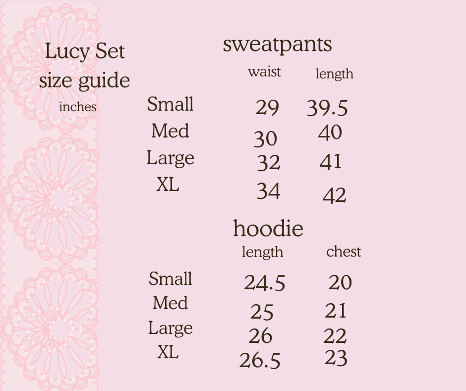 Size guide for sweatpants and hoodie on a pink background