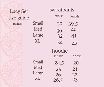 Size guide for sweatpants and hoodie on a pink background